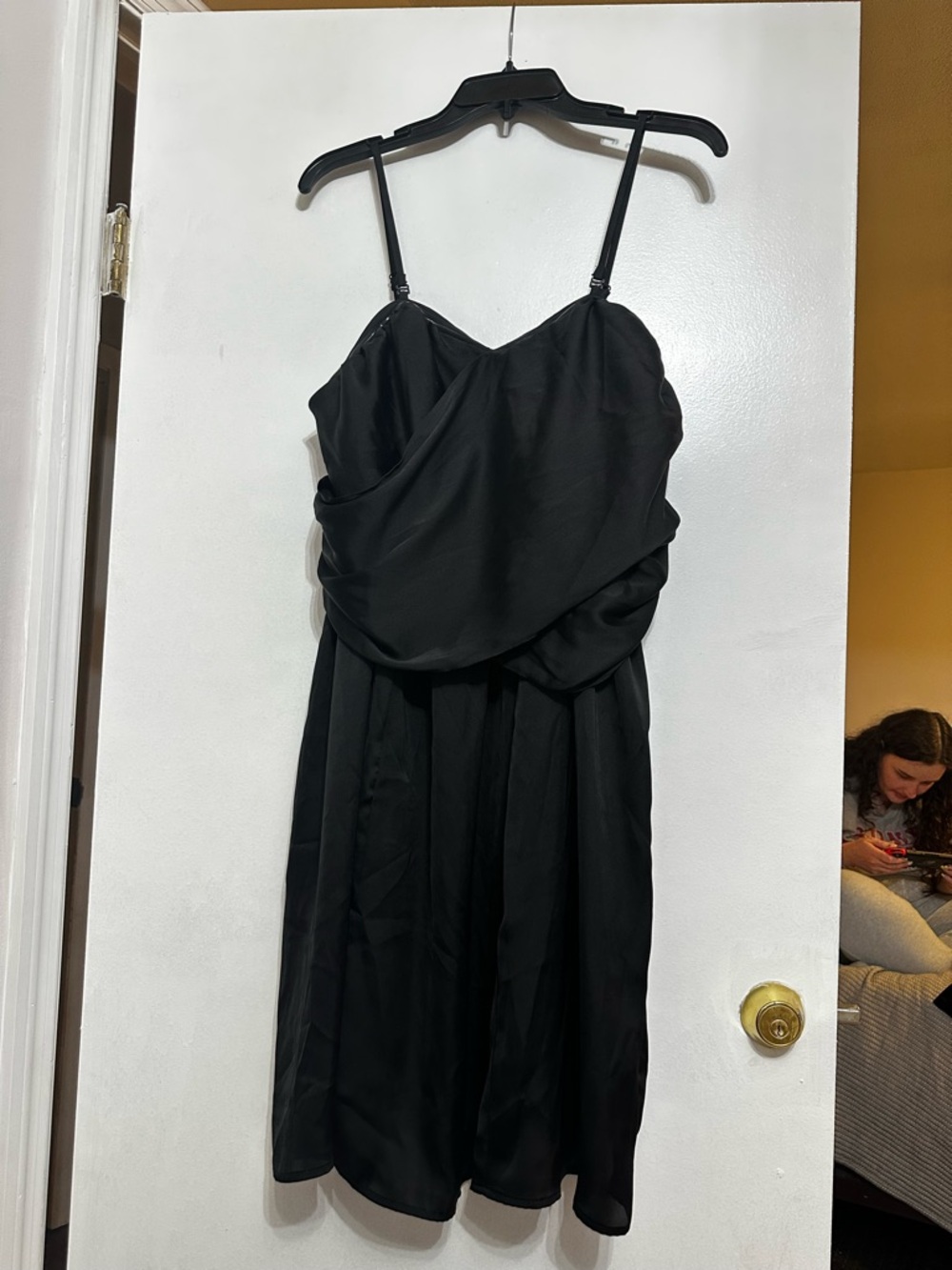 Tevolio Black Draped Spaghetti-Strap Midi Dress